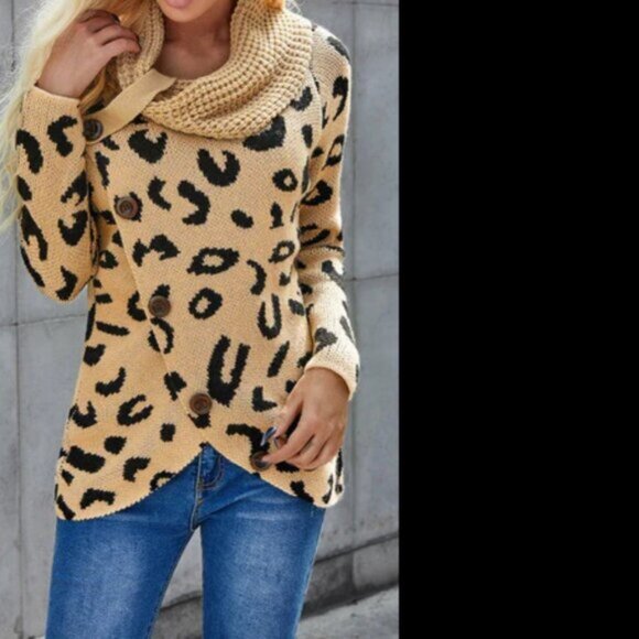 Cowl Neck Leopard Print button down heavy sweater Cheetah print size small - Picture 1 of 9